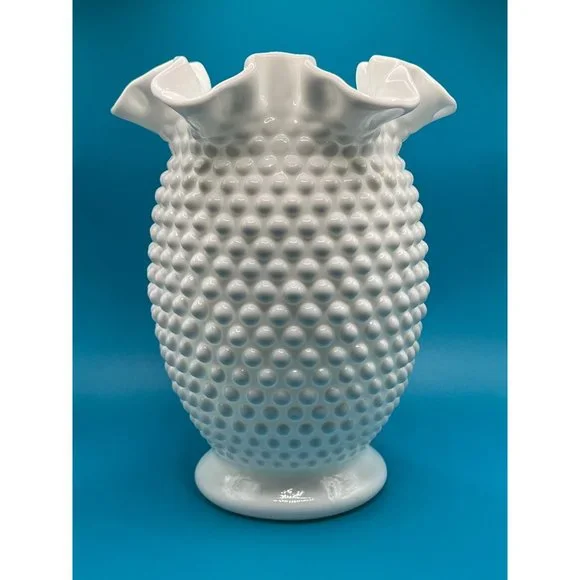 Vintage Fenton White Hobnail Milk Glass Double Crimped Vase 8" tall - Picture 4 of 5